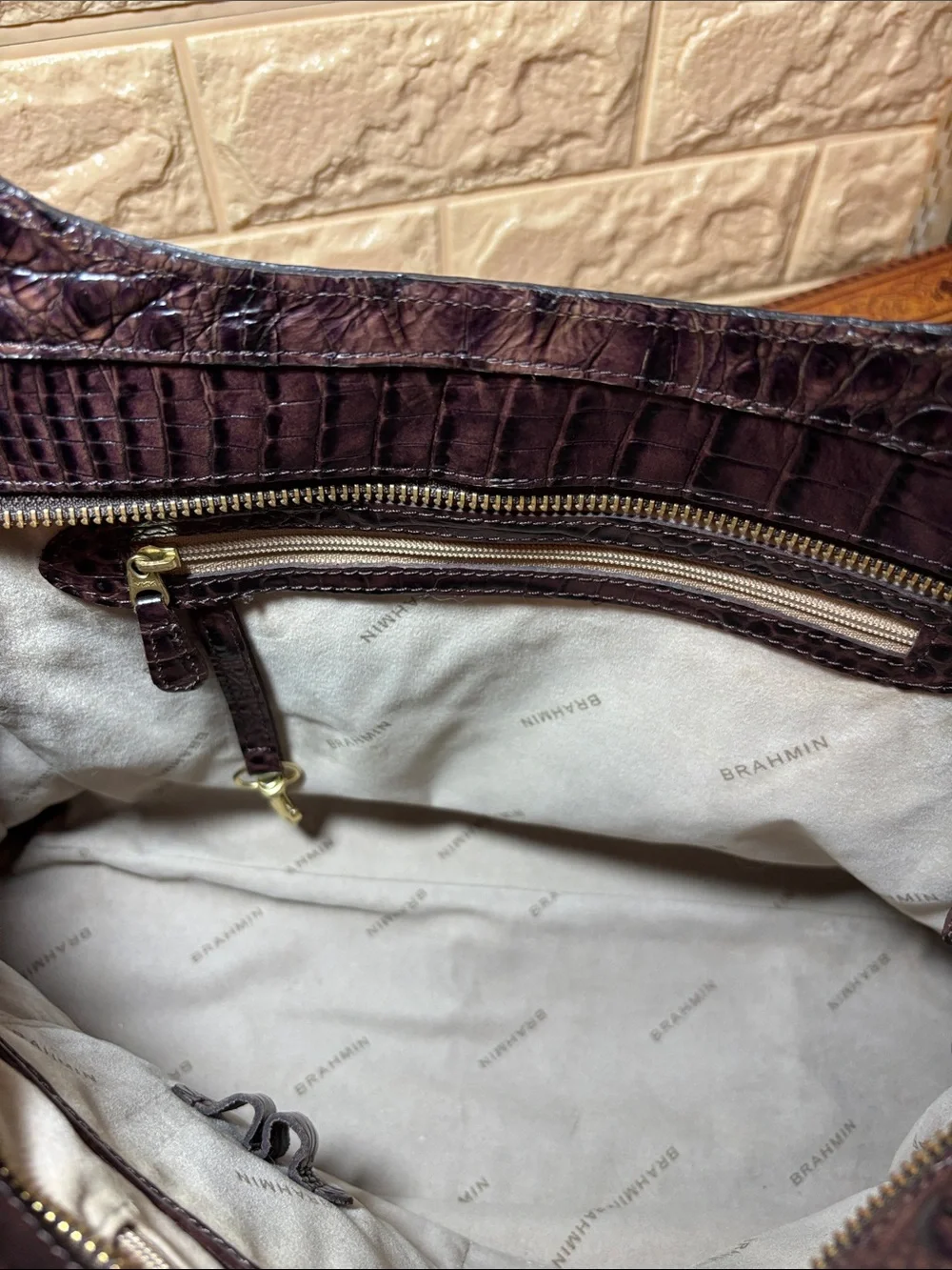 Brahmin Croc-Embossed Leather Shoulder Bag in Dark Brown w Burgundy Tones